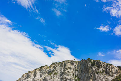 Low angle view of mountain against blue sky
