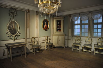 Empty chairs and tables in room