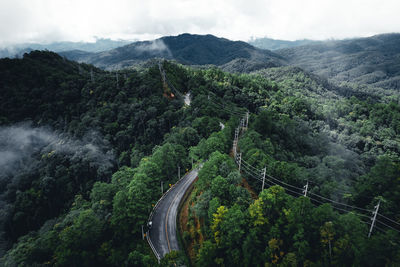 High angle view of road amidst trees against sky