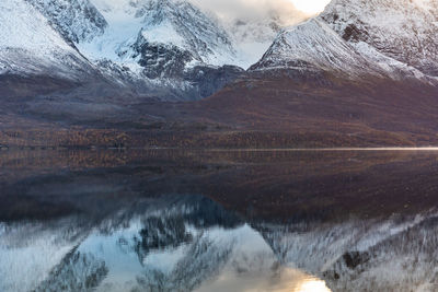 Scenic view of lake by snowcapped mountains against sky