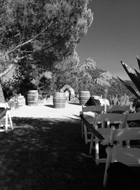 Chairs and table by trees on field against sky