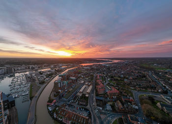 An aerial photo of the wet dock in ipswich, suffolk, uk at sunrise