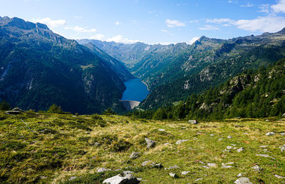 Scenic view of land and mountains against sky