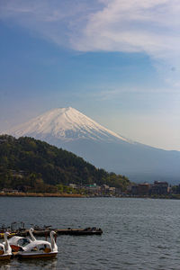 Scenic view of lake by mountains against sky