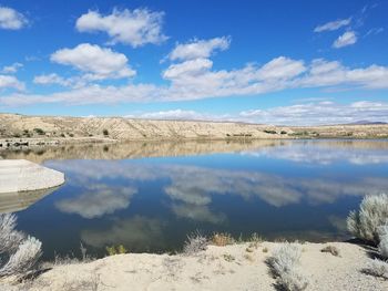 Scenic view of calm lake against cloudy sky