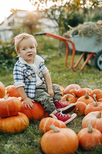 A smiling kid in a plaid shirt is sitting on a large pile of orange pumpkins. harvest, autumn