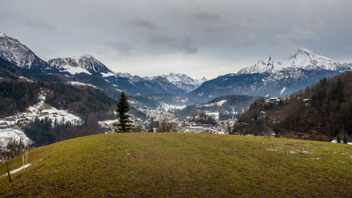 Scenic view of snowcapped mountains against sky