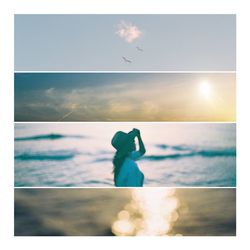 Digital composite image of man and sea against sky