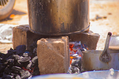 Close-up of rusty metal structure in container