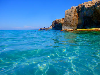 Scenic view of sea against clear blue sky