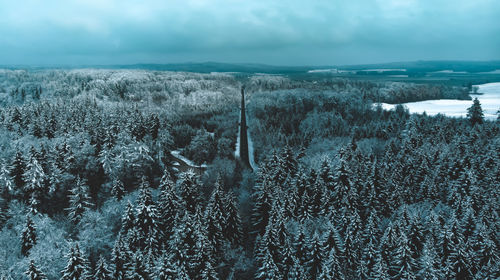 Aerial view of snow covered land against sky