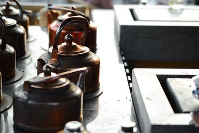High angle view of old machine on table
