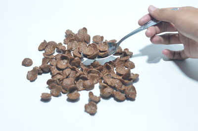 Close-up of person preparing food against white background