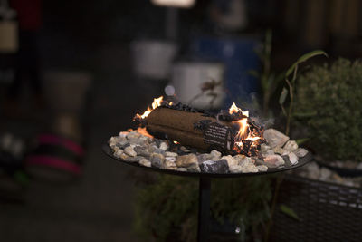 Close-up of burning candles on wooden log