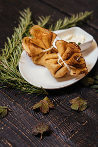 High angle view of food in plate on table