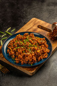 High angle view of food in plate on table