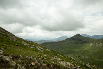 Scenic view of mountains against cloudy sky