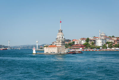 View of sea against buildings in city