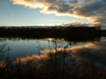 Scenic view of lake against cloudy sky