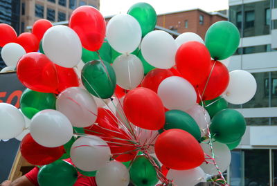 Low angle view of multi colored balloons