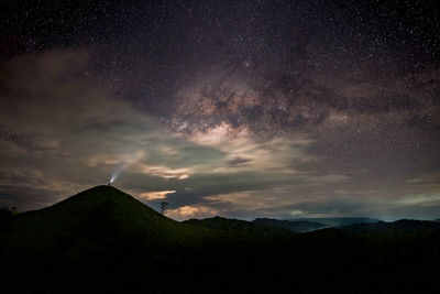 Scenic view of silhouette mountains against sky at night