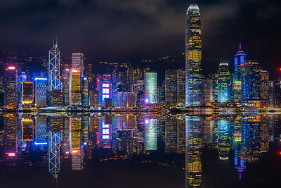 Illuminated buildings in city at night