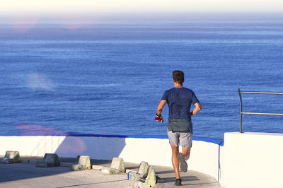 Rear view of man standing by sea against sky