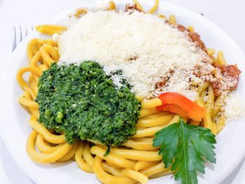 High angle view of food served in plate