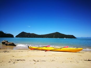 Scenic view of beach against clear blue sky