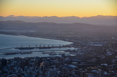 High angle view of city at sunset