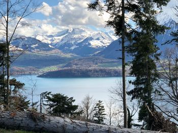 Scenic view of snowcapped mountains and lake against sky