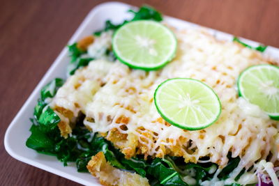 High angle view of meal served on table