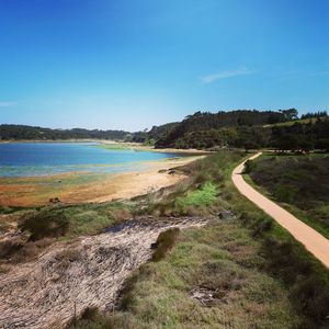 Scenic view of land against clear blue sky