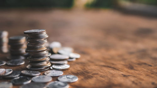 Close-up of coins on table