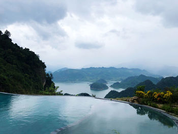 Scenic view of lake and mountains against sky