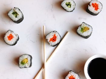 High angle view of sushi in plate on table