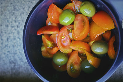 High angle view of fruits in bowl on table