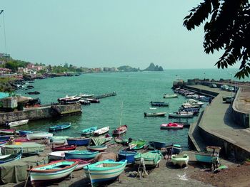 High angle view of boats moored in harbor