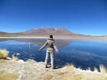 Rear view of woman standing at lakeshore against clear blue sky