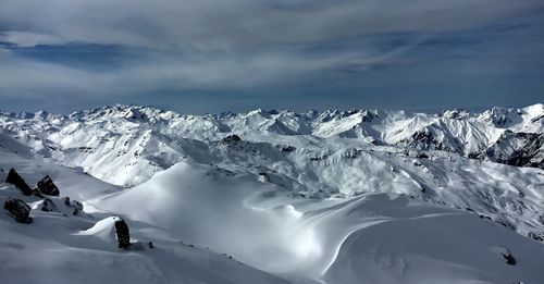 Scenic view of snow covered mountains against sky