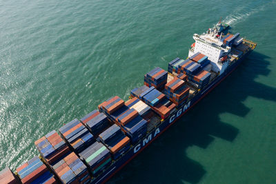 High angle view of ship on sea