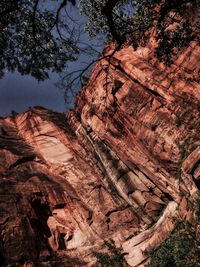 Low angle view of rock formation amidst trees against sky