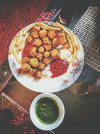 High angle view of breakfast served on table