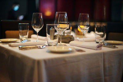 Wine glasses on table in restaurant