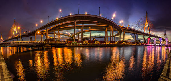 View of bridge over river at night