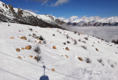 Scenic view of snow covered mountains during winter