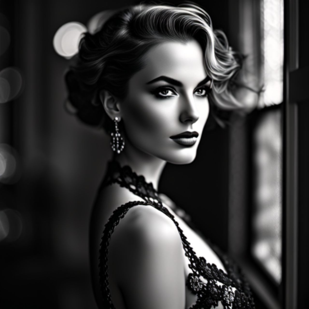 fashion, women, elegance, adult, black and white, portrait, glamour, one person, young adult, monochrome photography, luxury, female, jewelry, make-up, wealth, haute couture, hairstyle, monochrome, shiny, clothing, human face, fine art portrait, necklace, dress, retro styled, looking at camera, perfection, indoors, beauty product, arts culture and entertainment, cool attitude, photo shoot, desire, black, cute, studio shot, pearl jewelry, beauty in nature, dark, curly hair, blond hair, high society, earring