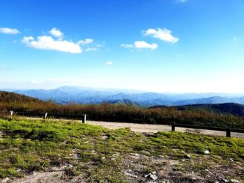 Scenic view of field and mountains against sky