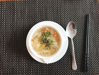 High angle view of soup in bowl on table