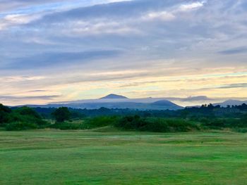 Scenic view of field against sky during sunset